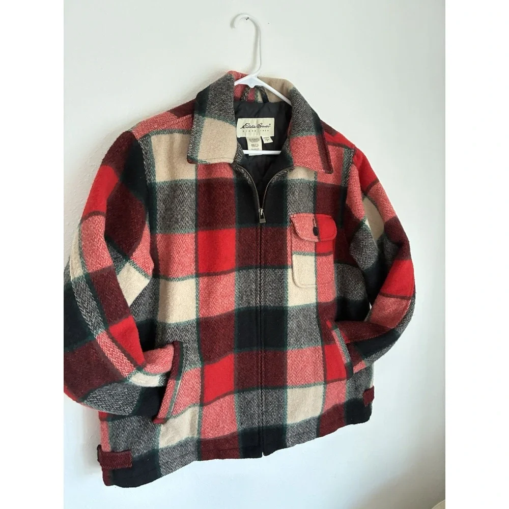 Wool Eddie Bauer Women's Plaid Coat Size Large In Red Green And Ivory Christmas - Picture 4 of 7